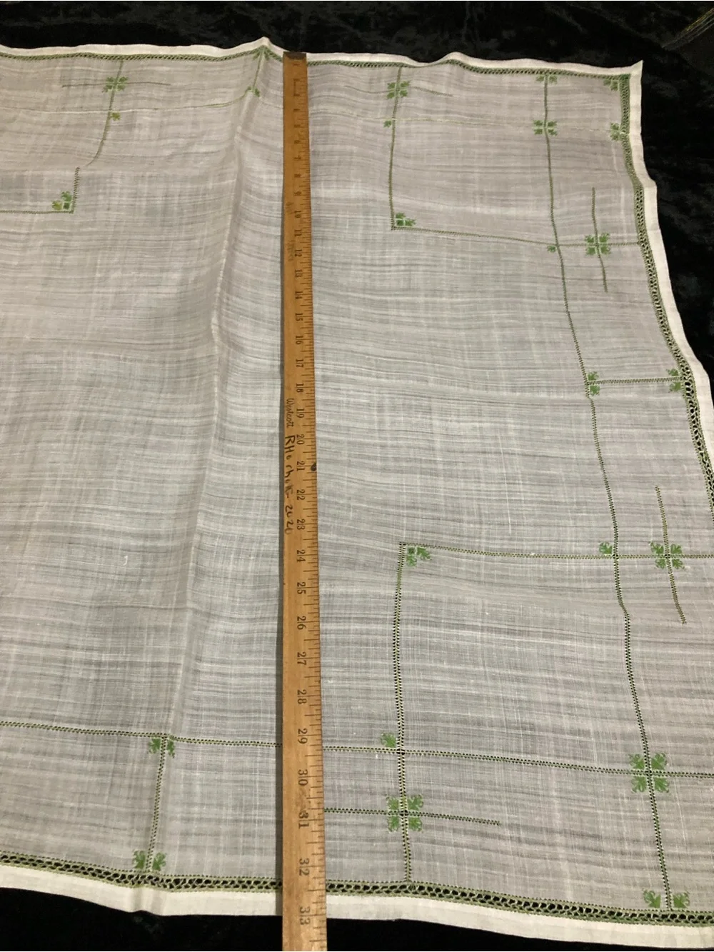 Vintage Embroidered Sheer  White Linen Tablecloth with Green Accents 33” square